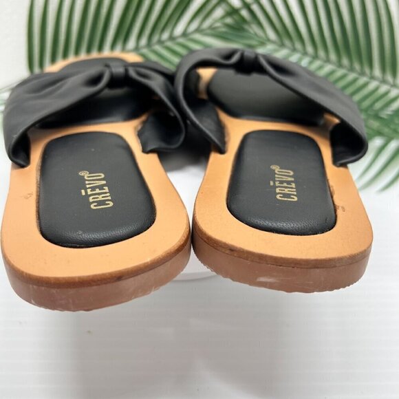 CREVO Kitty Bow Leather Slide Sandal Size 6 Black Square Open Toe Flats - Picture 6 of 11